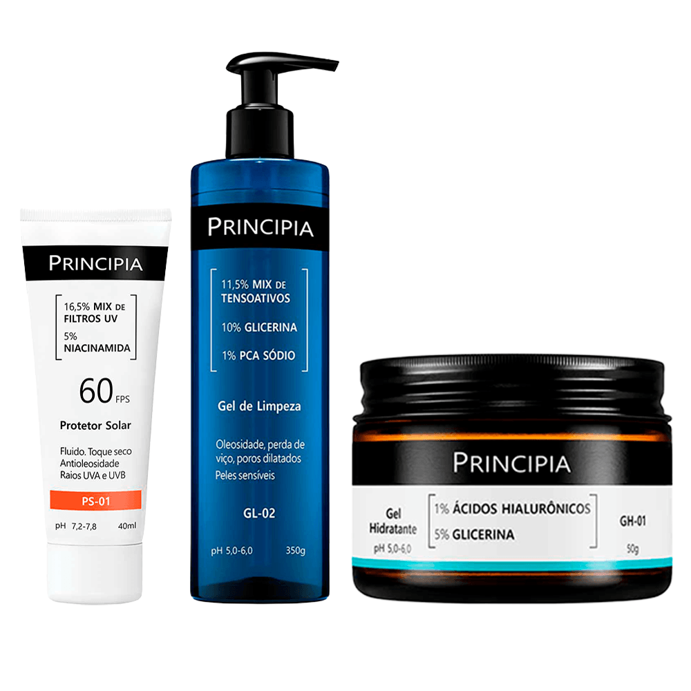 Kit Principia Pele Oleosa: Gel de Limpeza + Gel Hidratante + Protetor Solar FPS 60