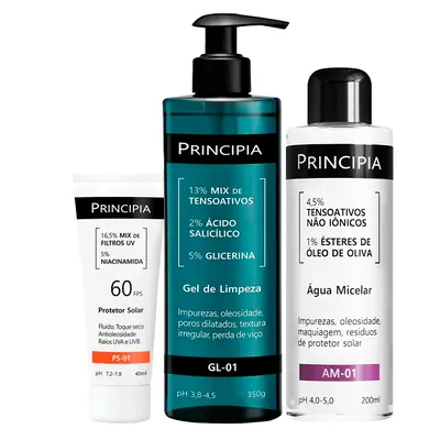 Principia Kit - Protetor Solar Facial PS-01 FPS60 + Gel de Limpeza Facial GL-01 + Água Micelar AM-01